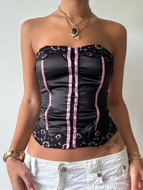 Strapless Black Bustier Top with Pink Trim